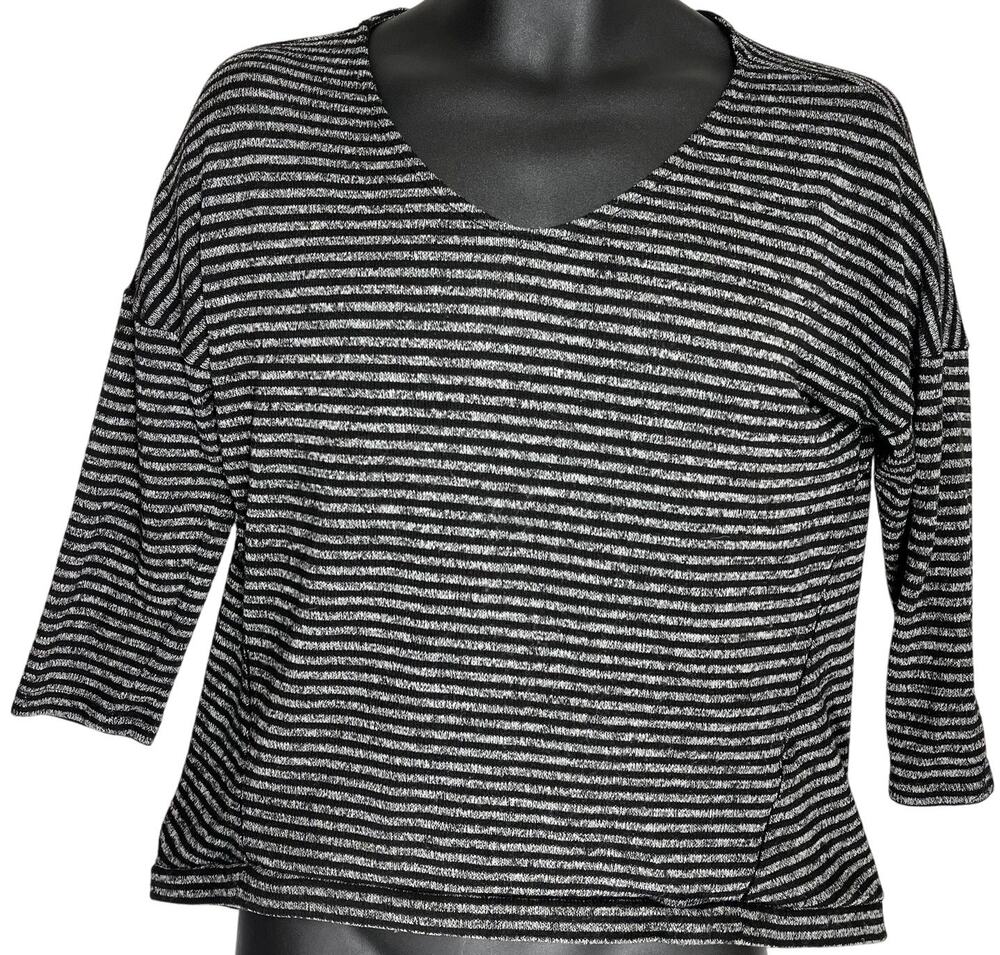 A New Approach Top Women size M Black Gray Striped VNeck Blouse Casual Basics